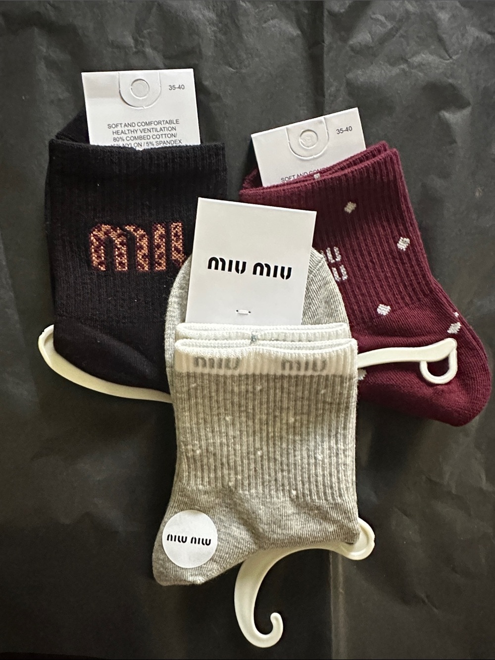 Miu Miu Women’s 3-Pack Ribbed Socks in Black, Burgundy & Light Gray